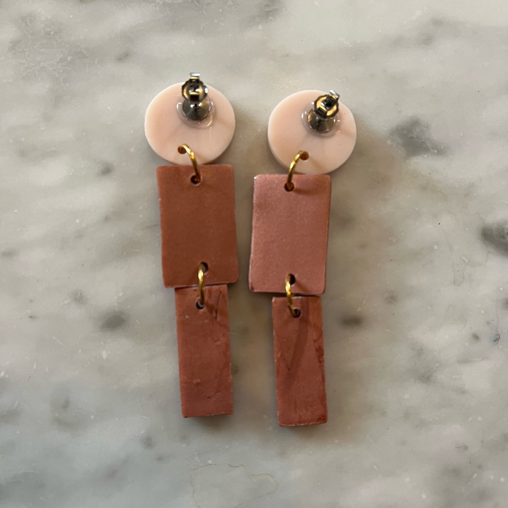 Handmade Blush Geometric Dangle Clay Earrings - Picture 3 of 3